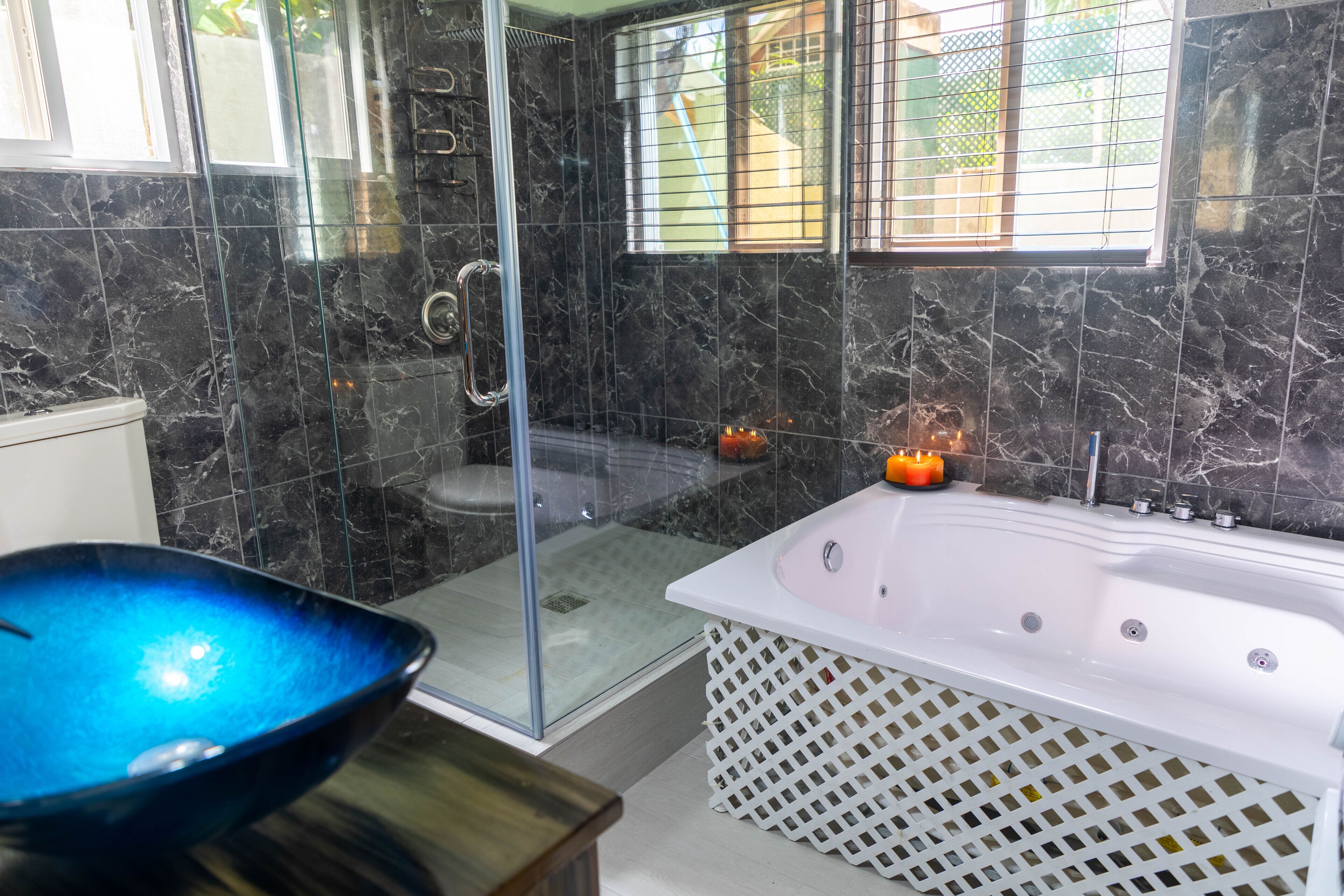 Separate tub and shower, jetted tub, rainfall showerhead, hair dryer