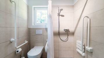 Une salle de bain moderne équipée d’une douche, de toilettes et de barres d’appui.