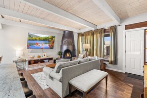 Smart TV, chimenea y libros 