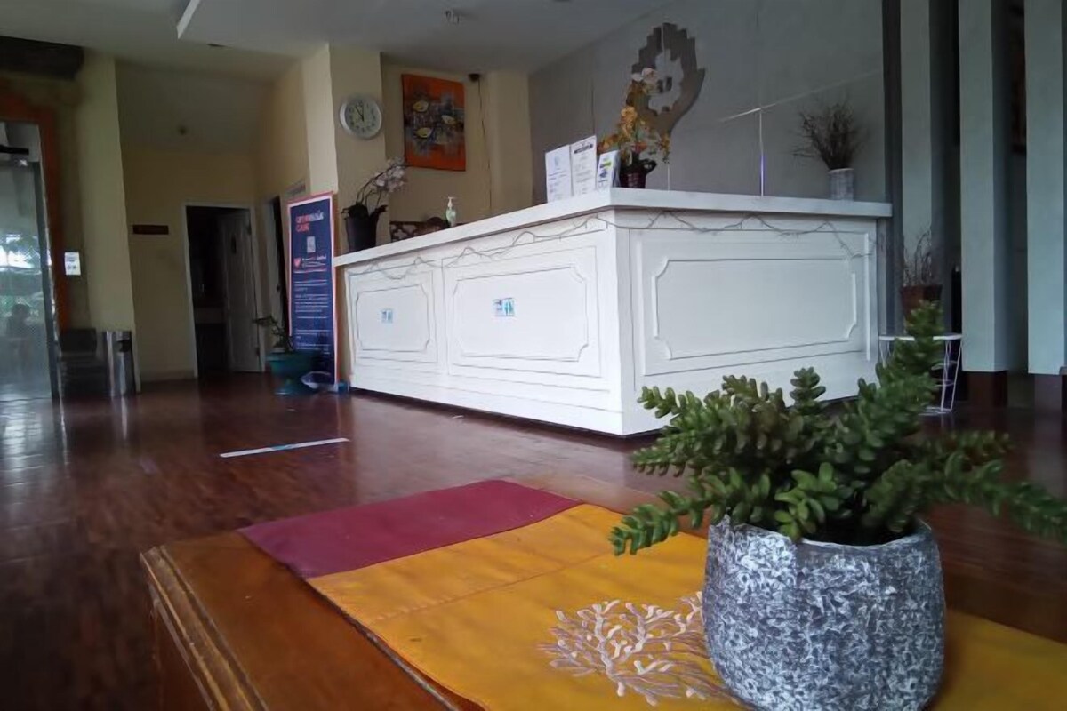 A spacious room with a wooden floor, a central white island with a sink, a red and yellow rug, and a potted plant.