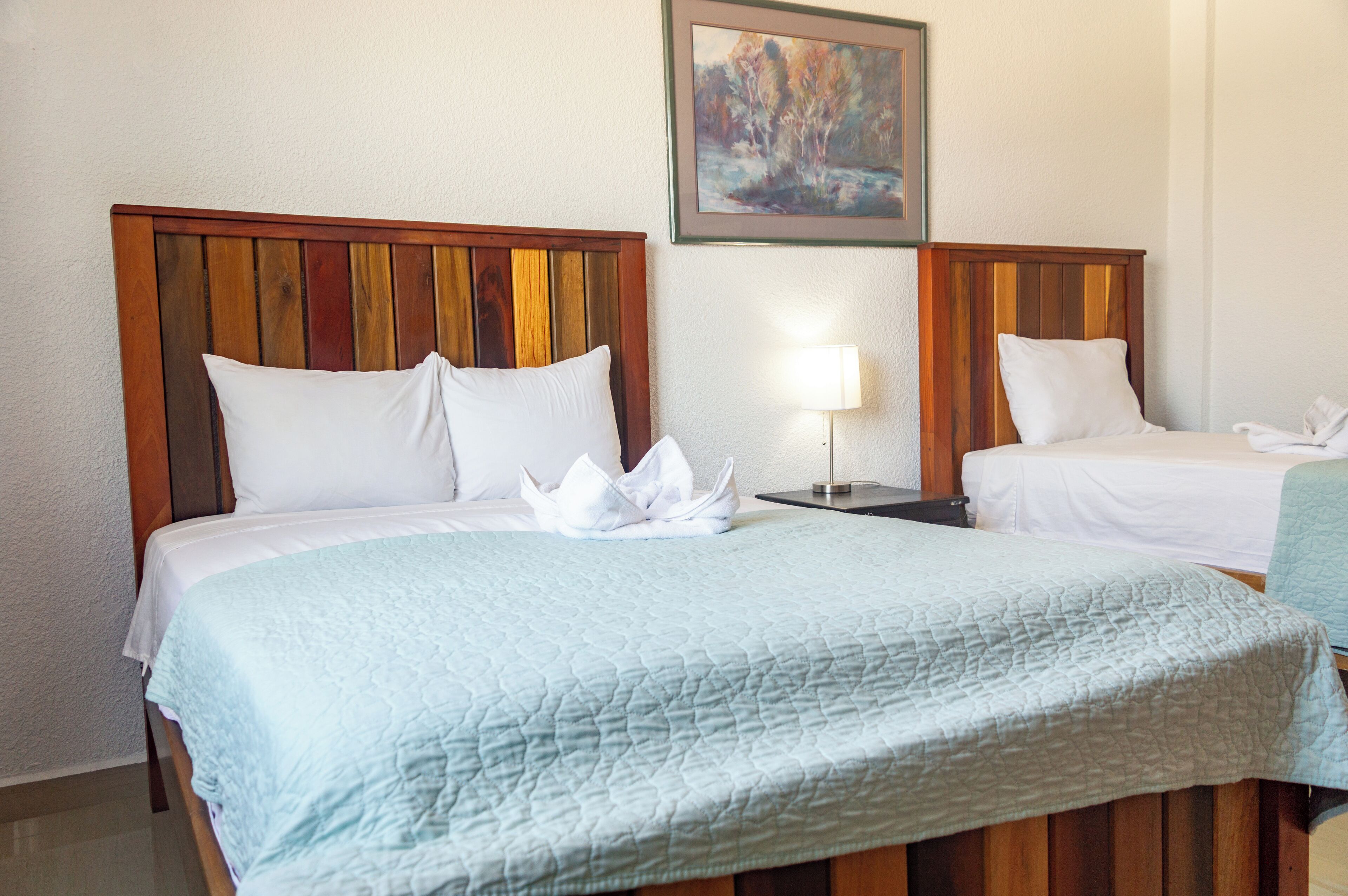 Quarto de hotel com duas camas, cada uma com cabeceira de madeira e roupa de cama branca. Há um quadro na parede acima das camas e um abajur na mesa de cabeceira.