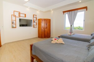 Un dormitorio con dos camas, televisor, armario y ventana con cortinas.