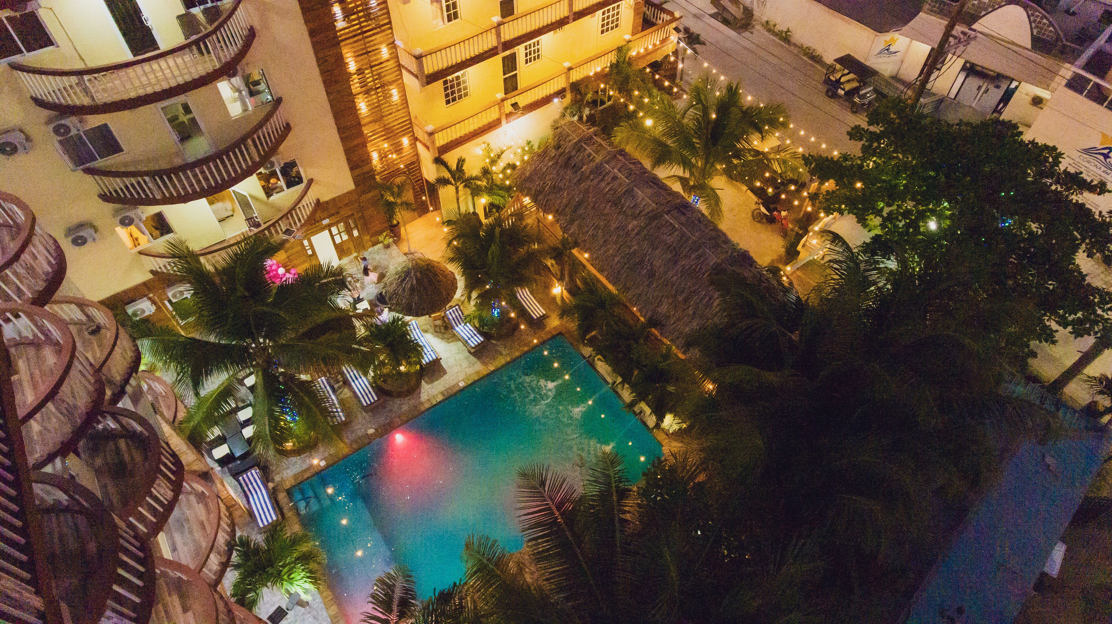 A rooftop pool with lounge chairs and palm trees, surrounded by buildings with balconies and string lights.