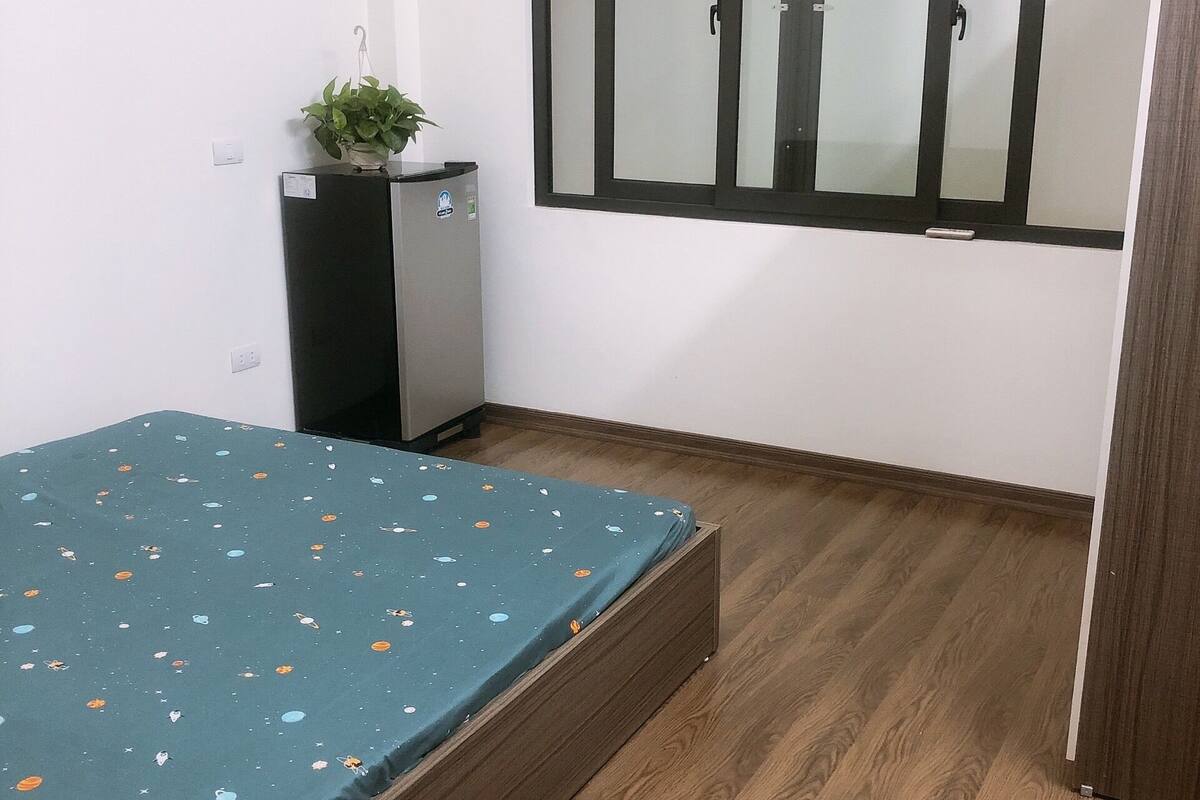 Une petite pièce comprenant un lit, un bureau, une armoire et une plante en pot.