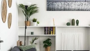 Un salon moderne avec un canapé gris, une table blanche et une bibliothèque agrémentée de plantes et de livres.