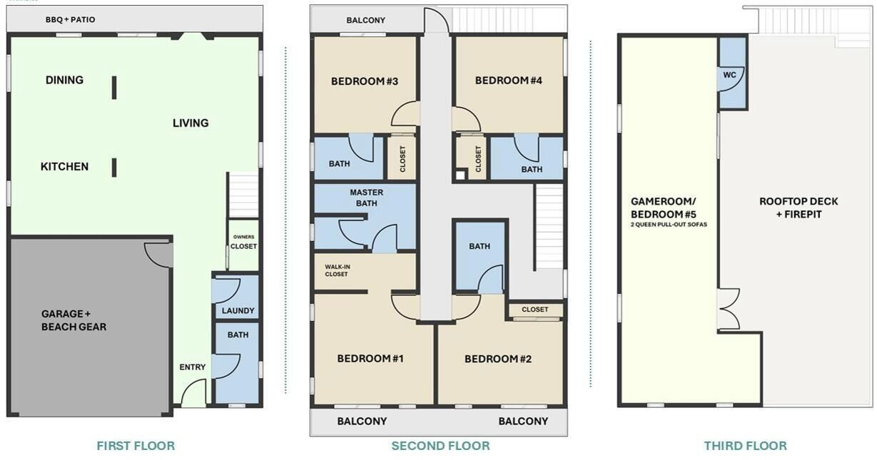 Un hôtel à trois étages comprenant un balcon, une salle à manger, une cuisine, un garage et une terrasse sur le toit.