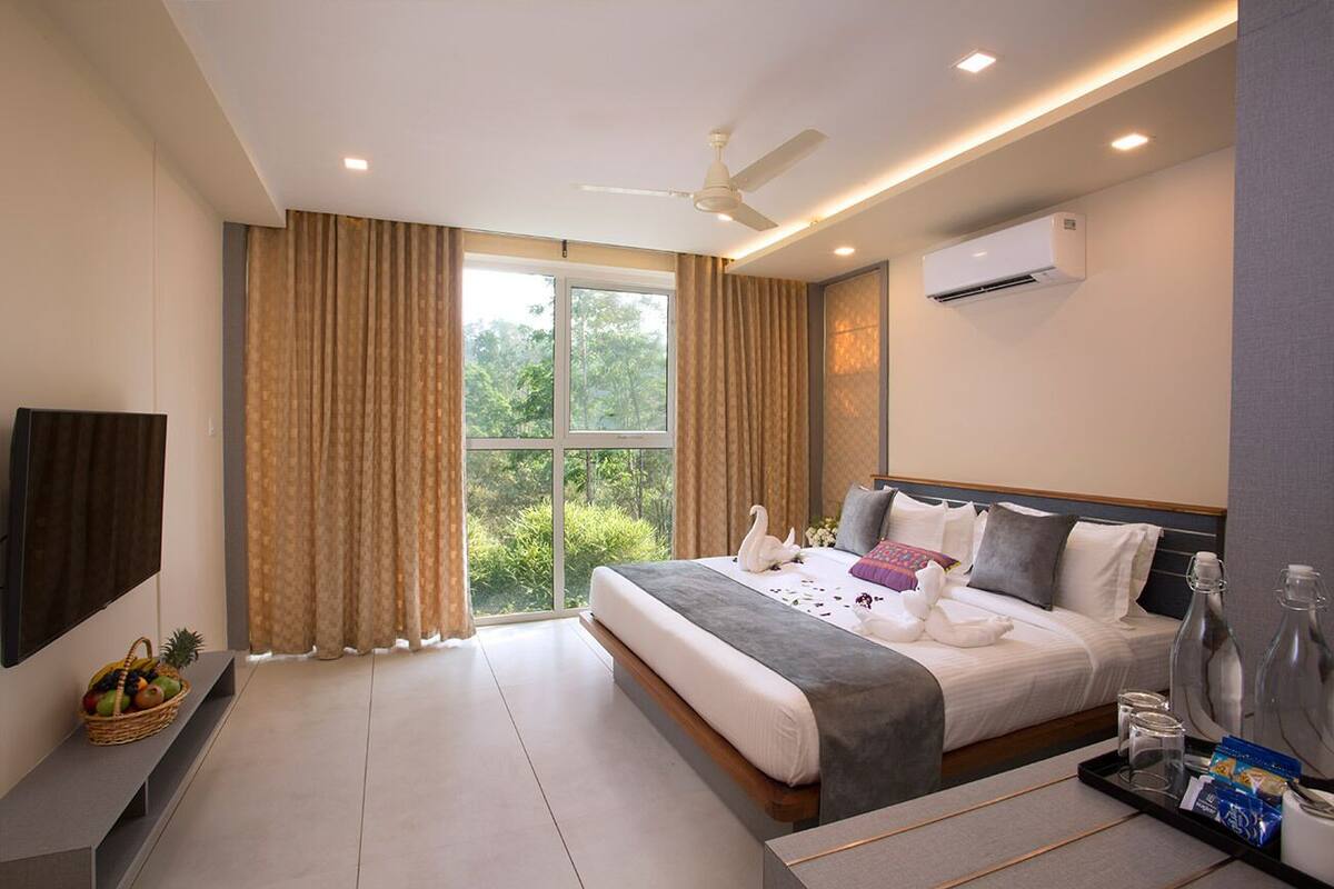 Habitación de hotel moderna con una cama grande, un televisor de pantalla plana, un ventilador de techo y vistas a zonas verdes a través de la ventana.