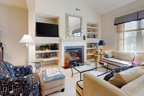 Téléviseur, foyer, lecteur de DVD, livres