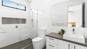 Un baño moderno con cabina de ducha de vidrio, inodoro, lavamanos con espejo y una pequeña planta en la encimera.