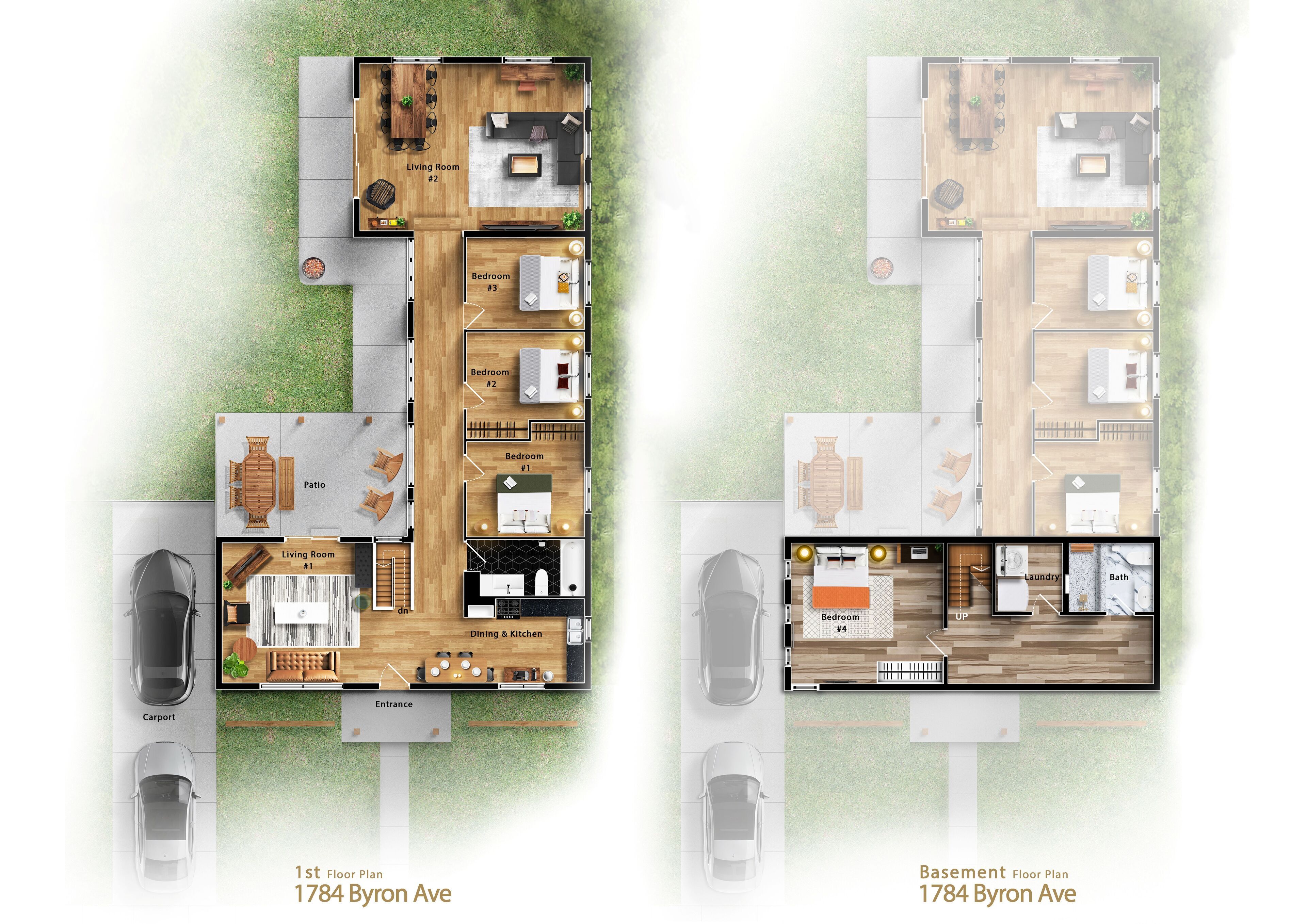 A 1st floor plan and a basement floor plan of a property at 1784 Byron Ave, featuring a living room, dining area, kitchen, two bedrooms, a carport, and a laundry area.