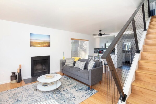 Télévision, cheminée, espaces bureaux