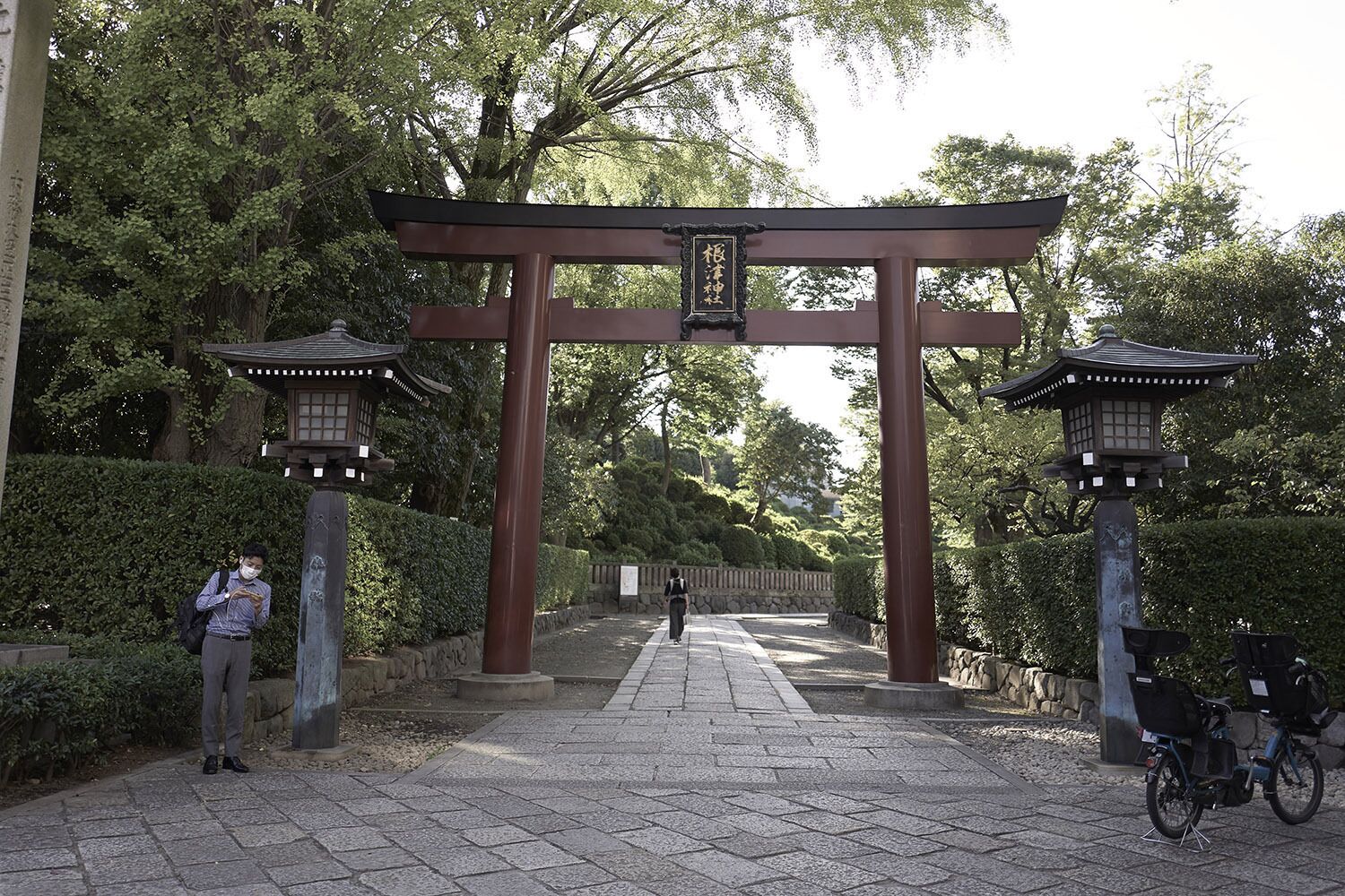 A traditional Japanese torii gate at the entrance of a park.