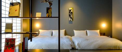 Kahden hengen design-huone (kaksi sänkyä) | Yksilöllisesti sisustettu, yksilöllisesti kalustettu, ilmainen Wi-Fi