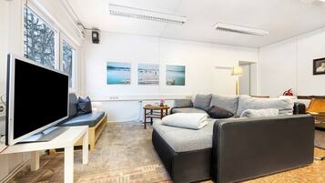 Ein modernes Wohnzimmer mit Flachbildfernseher, einer Couch, einem kleinen Tisch und einem Teppich.