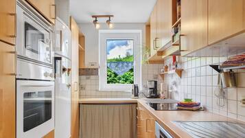 Eine kompakte Küche mit eingebauten Geräten, einem Fenster mit Blick und Holzschränken.