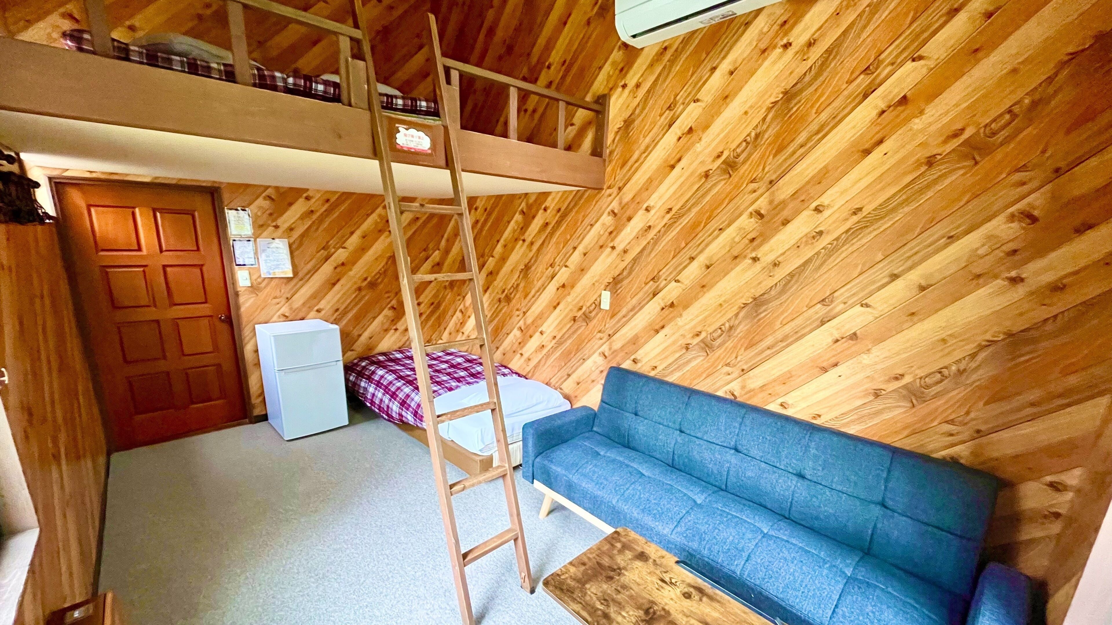 A loft-style room with a bunk bed, a blue sofa, a wooden ladder, and a small white appliance.