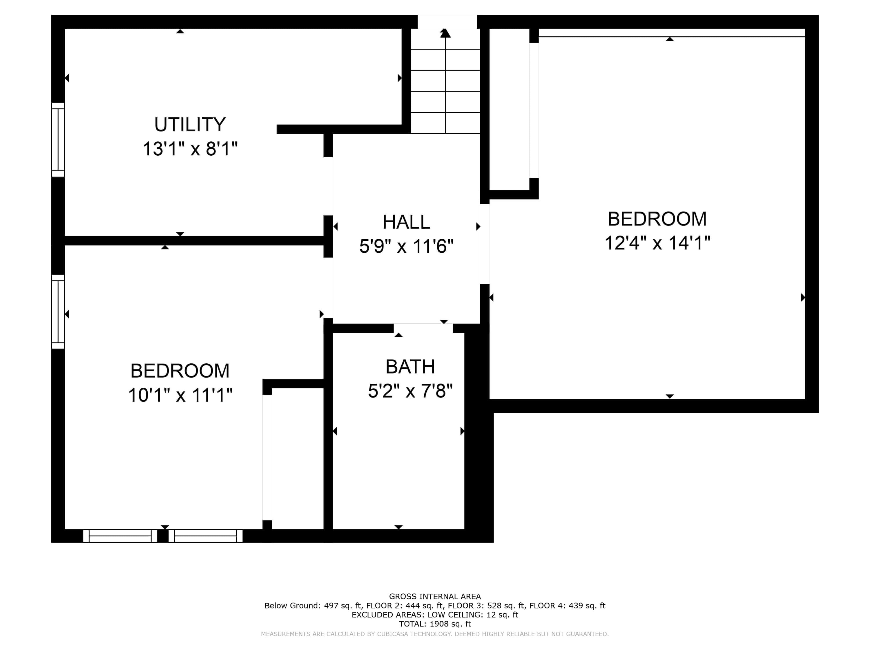 A floor plan with a utility room, two bedrooms, a bathroom, and a hall.