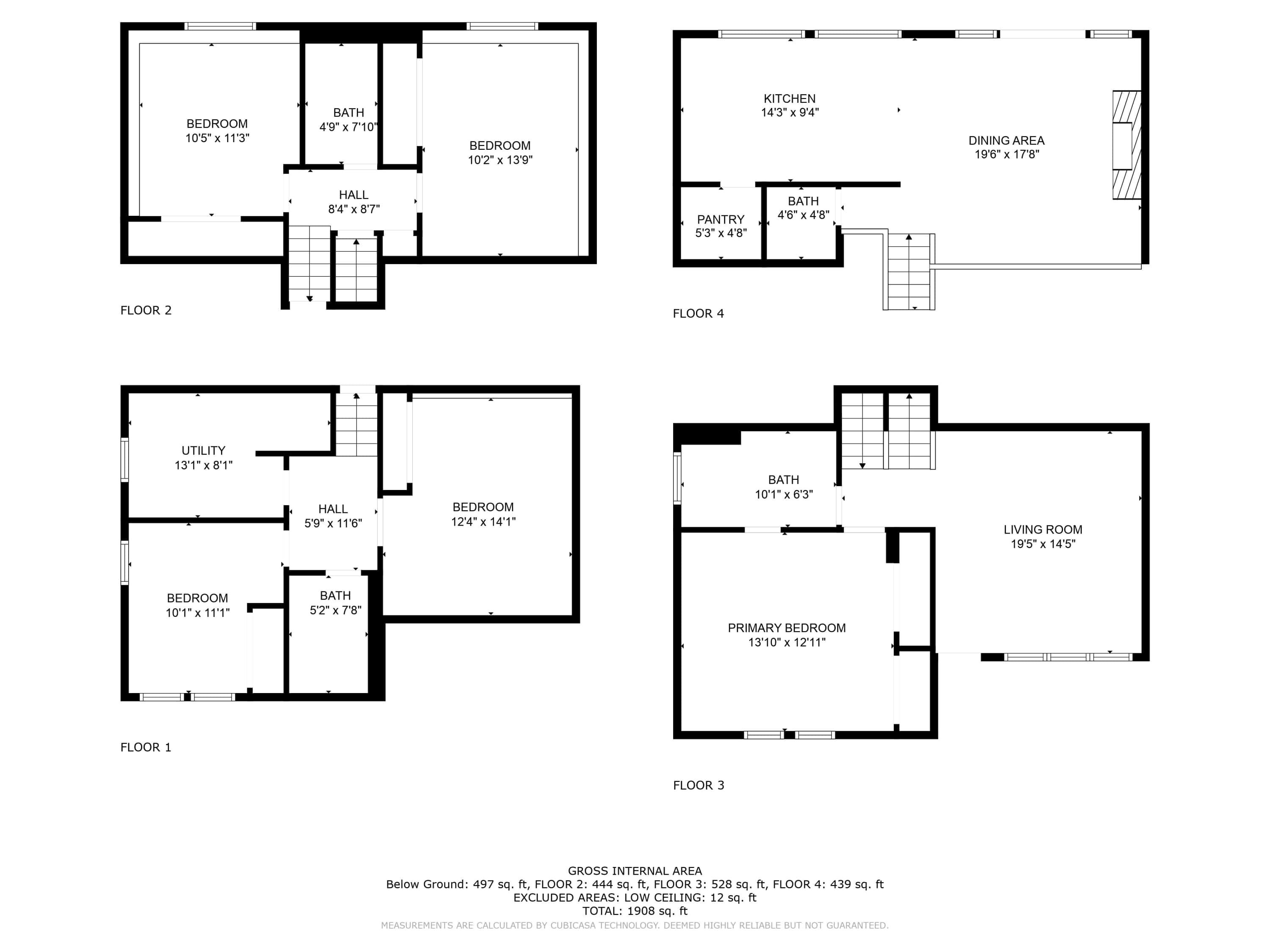 A floor plan of a house with four floors, including a utility area, two bedrooms, a living room, a dining area, a kitchen, a bathroom, and a primary bedroom.