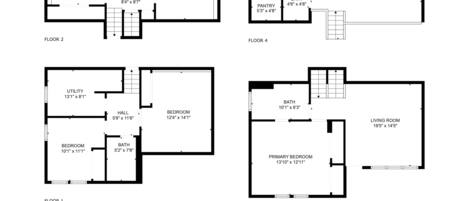 A floor plan of a house with four floors, including a utility area, two bedrooms, a living room, a dining area, a kitchen, a bathroom, and a primary bedroom.