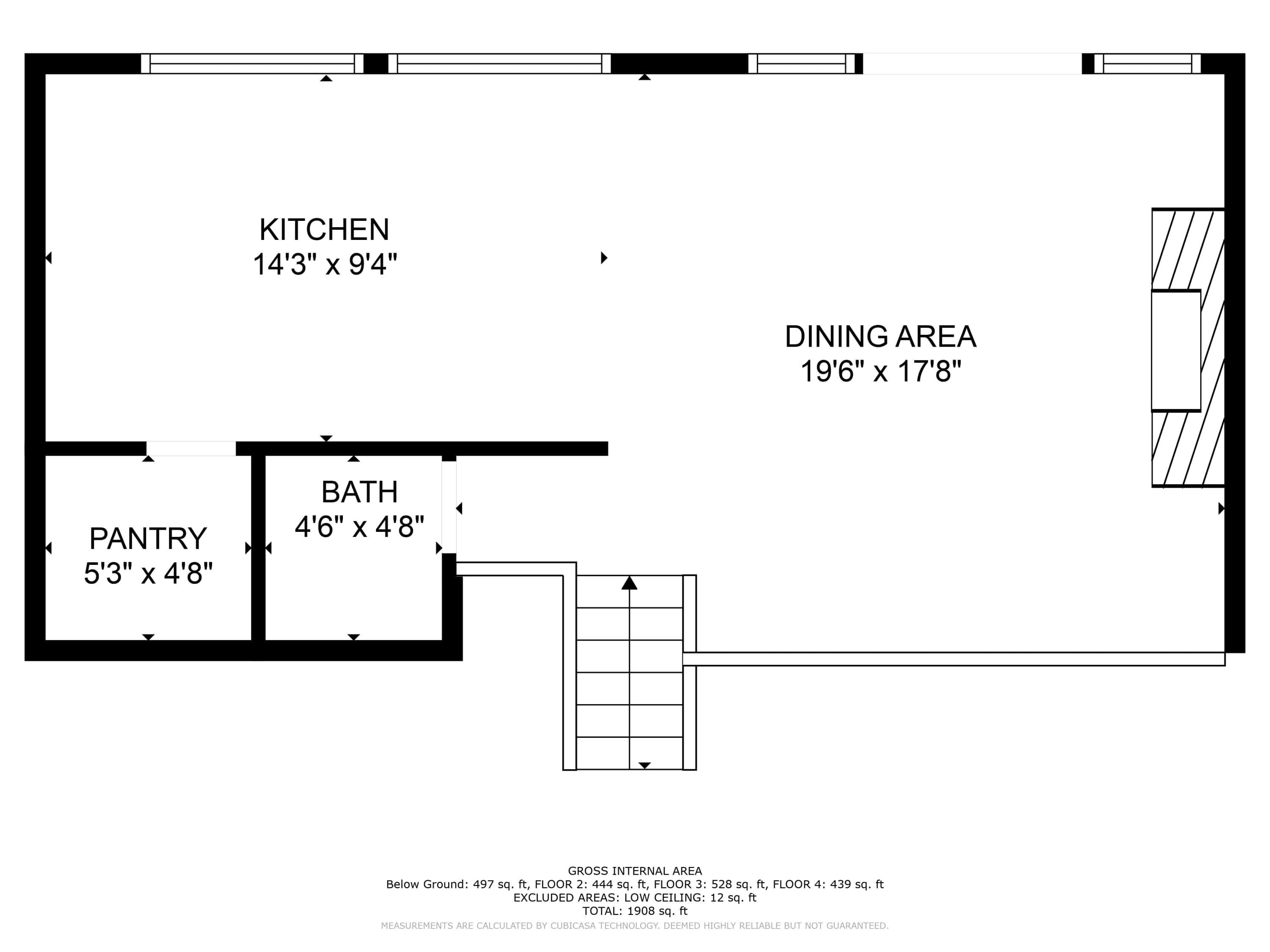A floor plan of a house with a kitchen measuring 14'3" x 9'4", a dining area measuring 19'6" x 17'8", a pantry measuring 5'3" x 4'8", and a bathroom measuring 4'6" x 4'8".