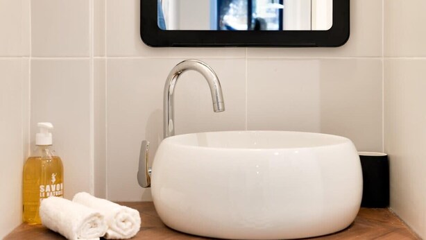 A bathroom with a white sink, a mirror, a bottle of soap, and a rolled towel on a wooden countertop. - Studio « Café Papillon » (Paris)