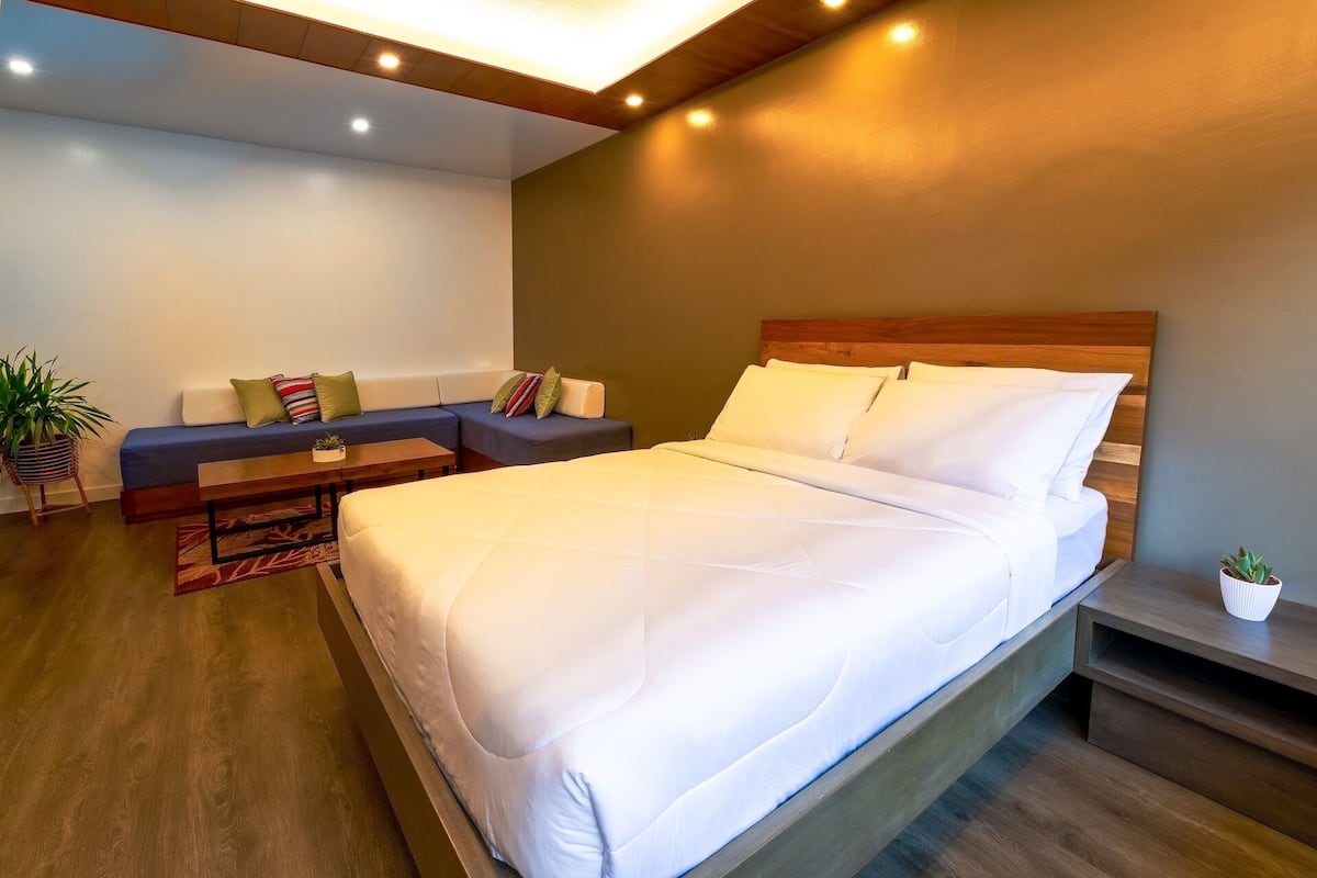Quarto de hotel moderno com uma cama grande, um sofá, uma mesinha e uma planta em vaso.