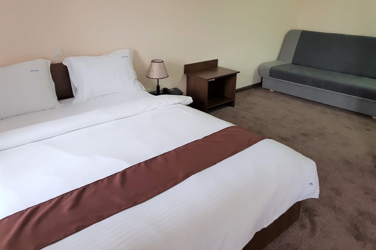 Una habitación de hotel con una cama, una mesita de noche con lámpara, un teléfono y un sofá gris.