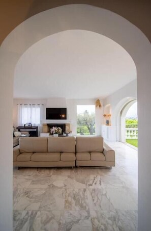 Smart TV, chimenea, libros y impresora 