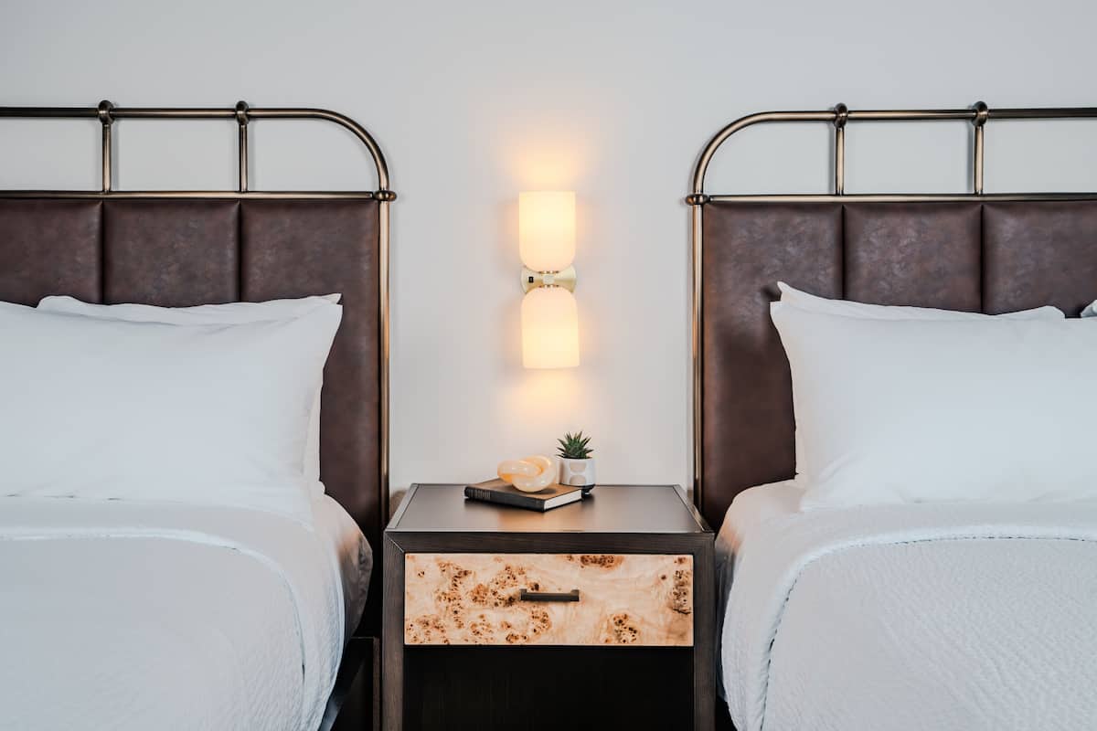 A double bed with a nightstand in between, a wall-mounted light, and a small plant on the nightstand.