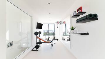 A modern gym with exercise equipment, a TV, and a large window offering a view.