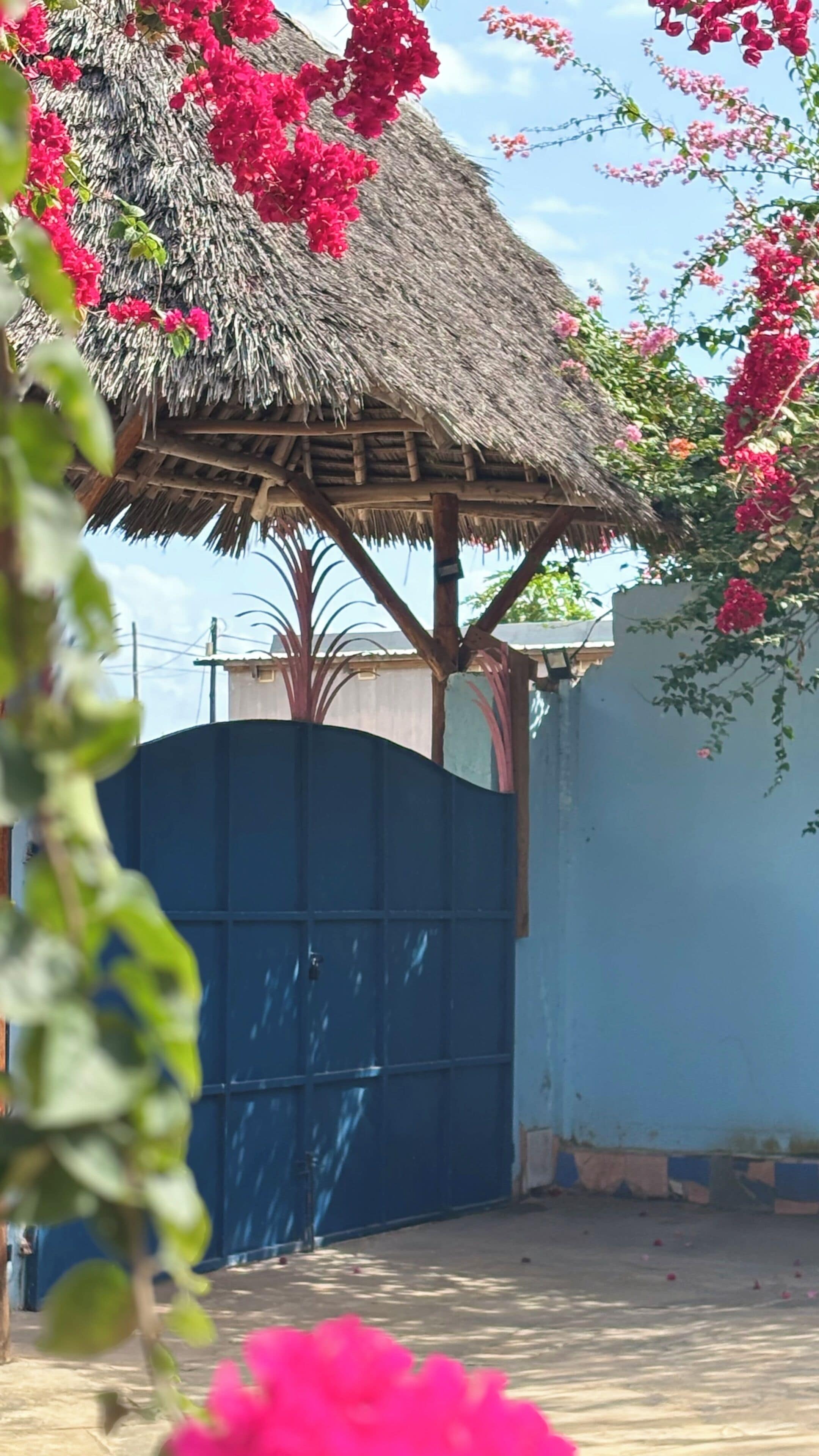 A thatched-roof structure with a blue gate and a blue wall in the background.