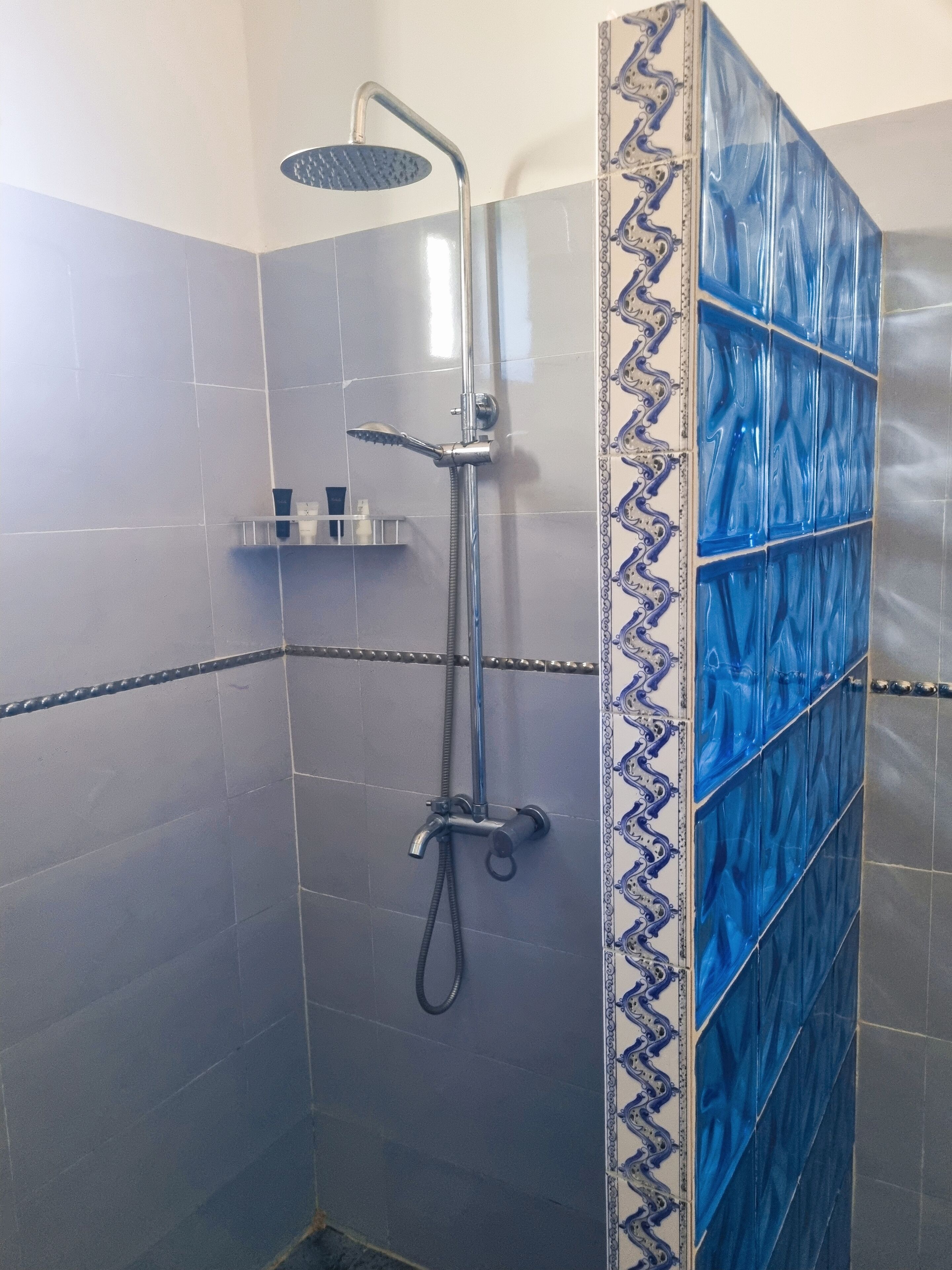 A shower with a handheld showerhead and a wall-mounted faucet.