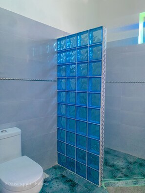 Shower, rainfall showerhead, hair dryer, towels - PINEAPPLE HOUSE (Nungwi)