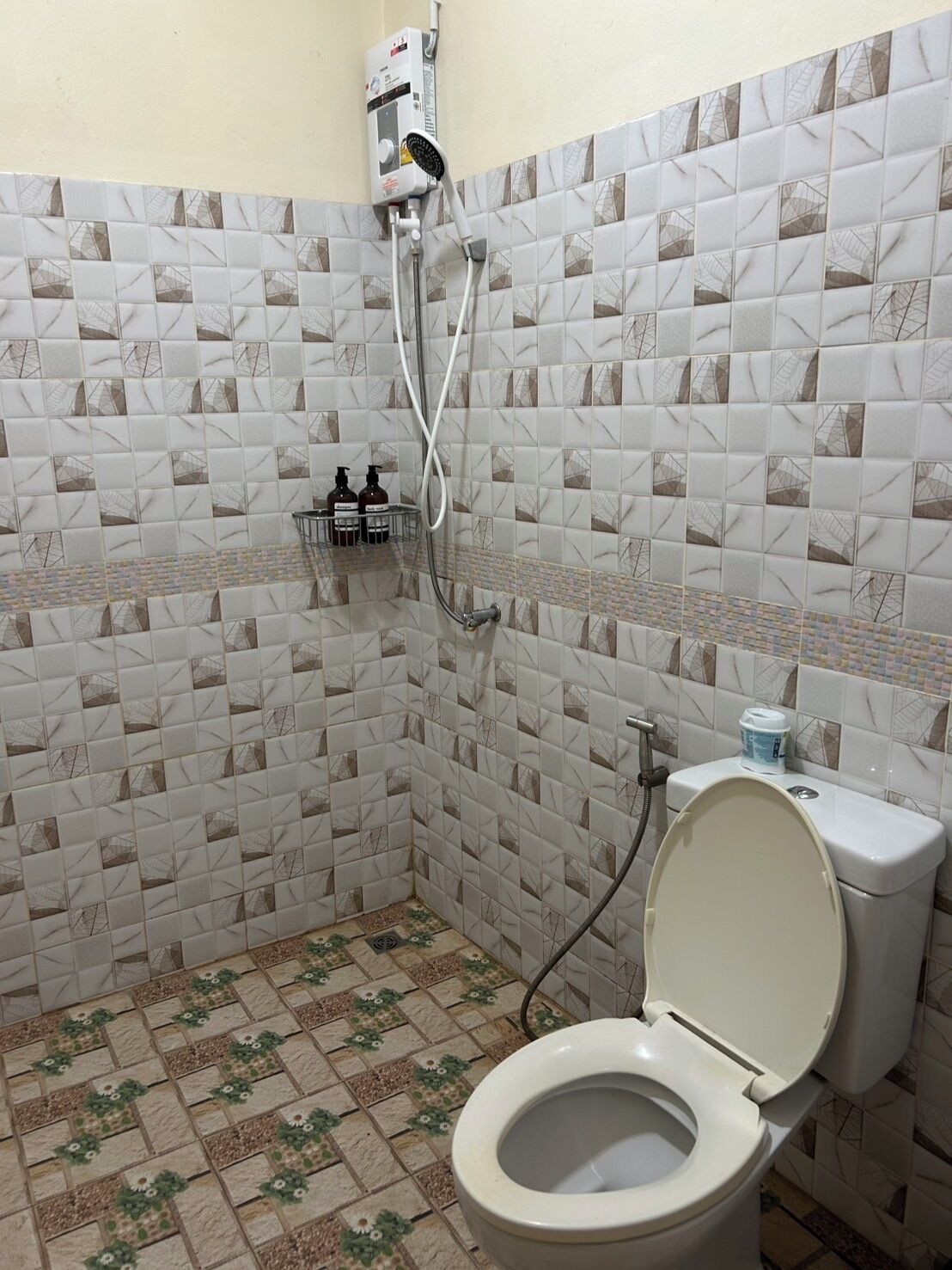 Un baño pequeño con inodoro, ducha y paredes con azulejos.