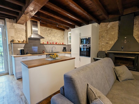 TV, fireplace. Riverside Retreat: Historic Watermill with Private Terrace, Fireplace, and Scenic Views in Brenne Park