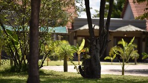 A landscaped garden with various trees and shrubs, a paved pathway, and a building with a tiled roof in the background.