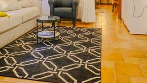Una sala de estar con un sofá, un sillón y un tapete estampado. Hay dos cuadros en la pared y una araña.