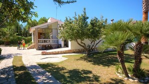 Une maison avec un porche abrité, un chemin de pierres et un petit arbre dans le jardin.