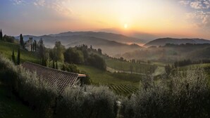 A rural landscape with terraced fields, a small building with a tiled roof, and distant hills under a clear sky. - Chianti Classico Home Panoramic View (Castellina in Chianti)