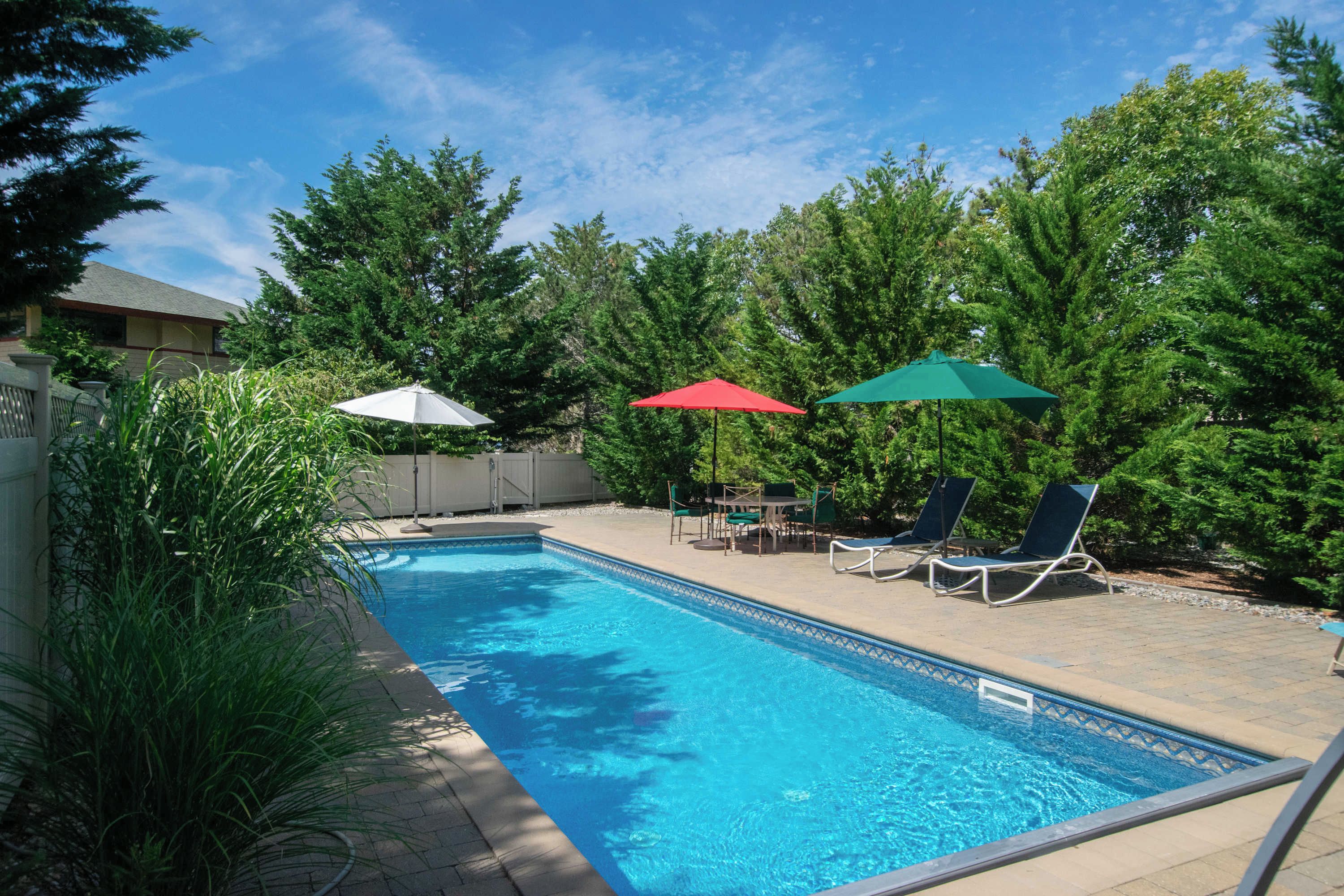 Une piscine entourée d’arbres, avec des chaises longues et des parasols.