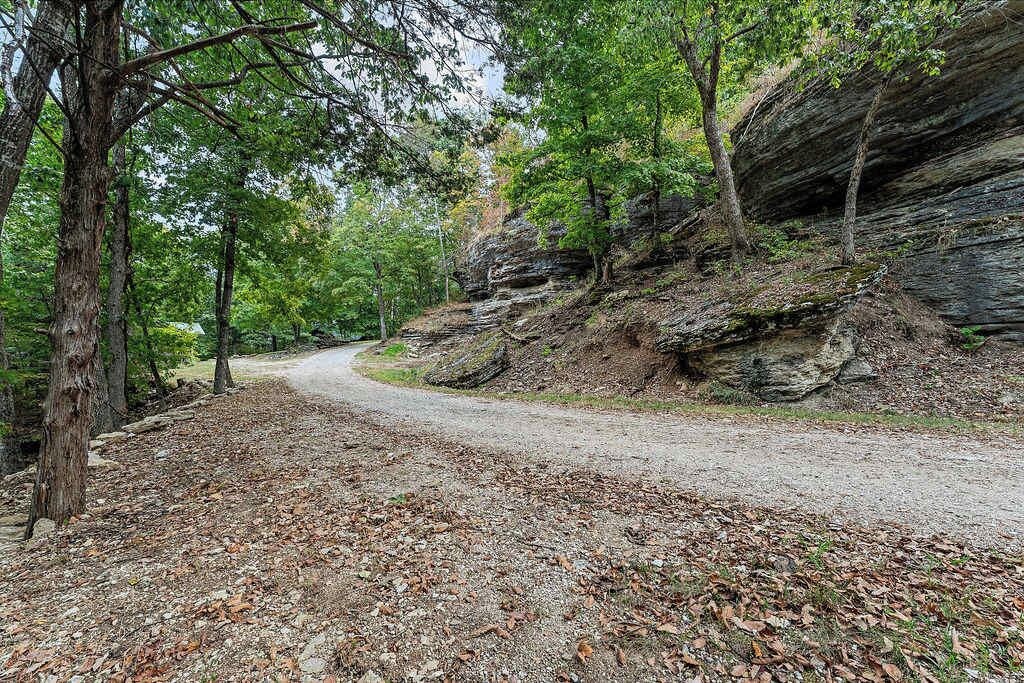 A winding dirt road surrounded by trees and rocky terrain.