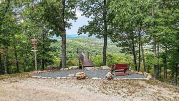 A forested area with a wooden viewing platform and a red bench.