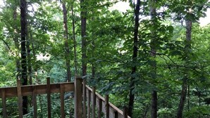 Une terrasse en bois dotée d’une rambarde, qui offre une vue sur une zone boisée.