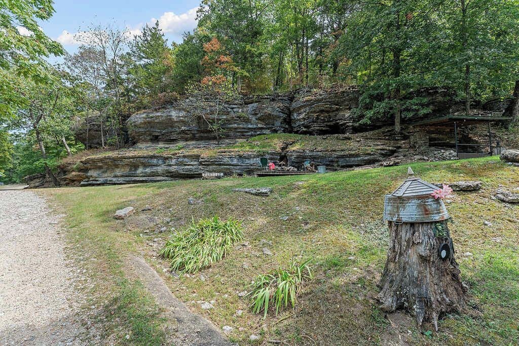 A natural landscape with a rocky cliff, a wooden structure resembling a birdhouse, and a gravel path.