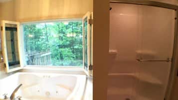 Shower, hair dryer, towels, shampoo