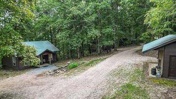 A gravel driveway leading to a cabin with a green roof, surrounded by dense forest.