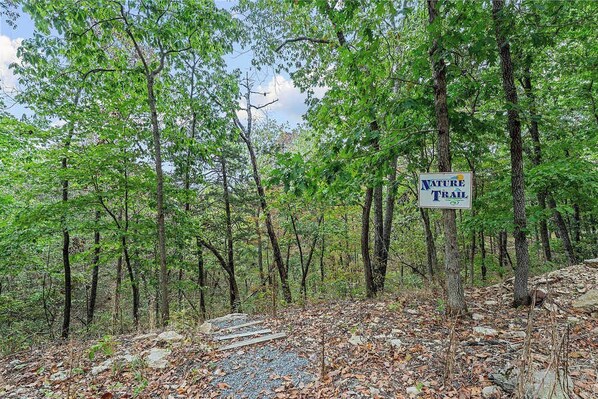 A nature trail sign in a forested area with a stone path.