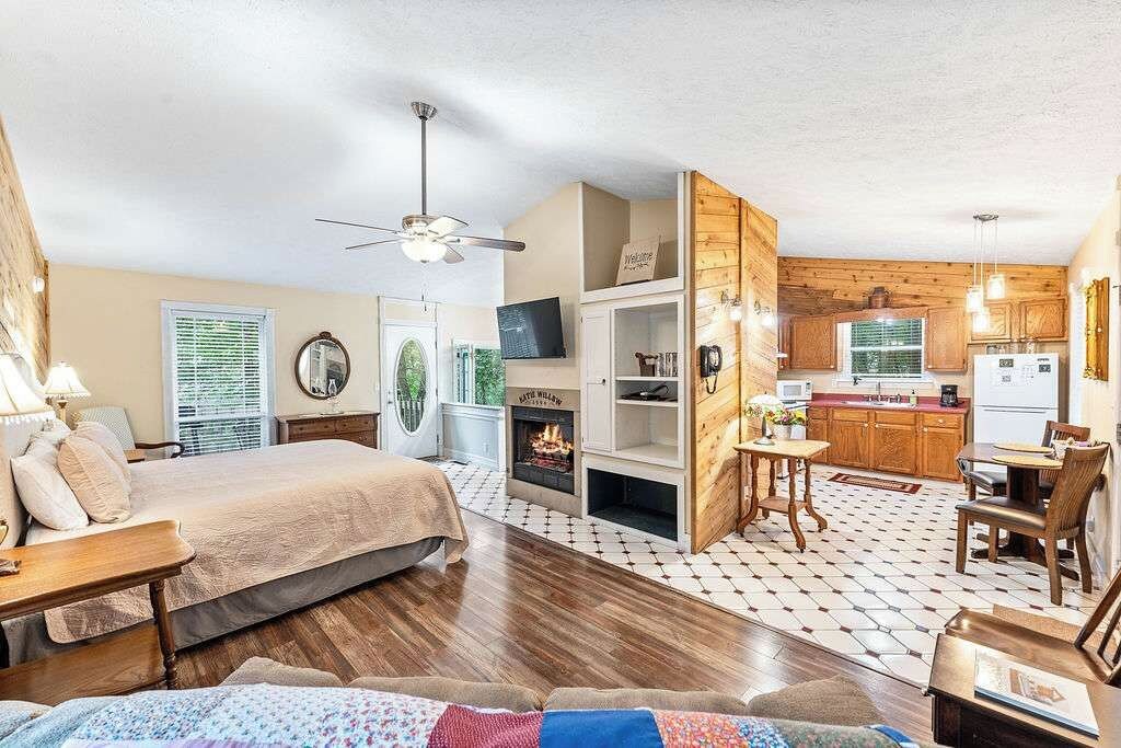 Quarto com cama, lareira, televisão e cozinha compacta.