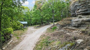 A dirt path leading to a rustic cabin with a metal roof, surrounded by dense green trees and a rocky cliff. - Romantic Cabin for Two | King Bed + Jetted Tub (Eureka Springs)