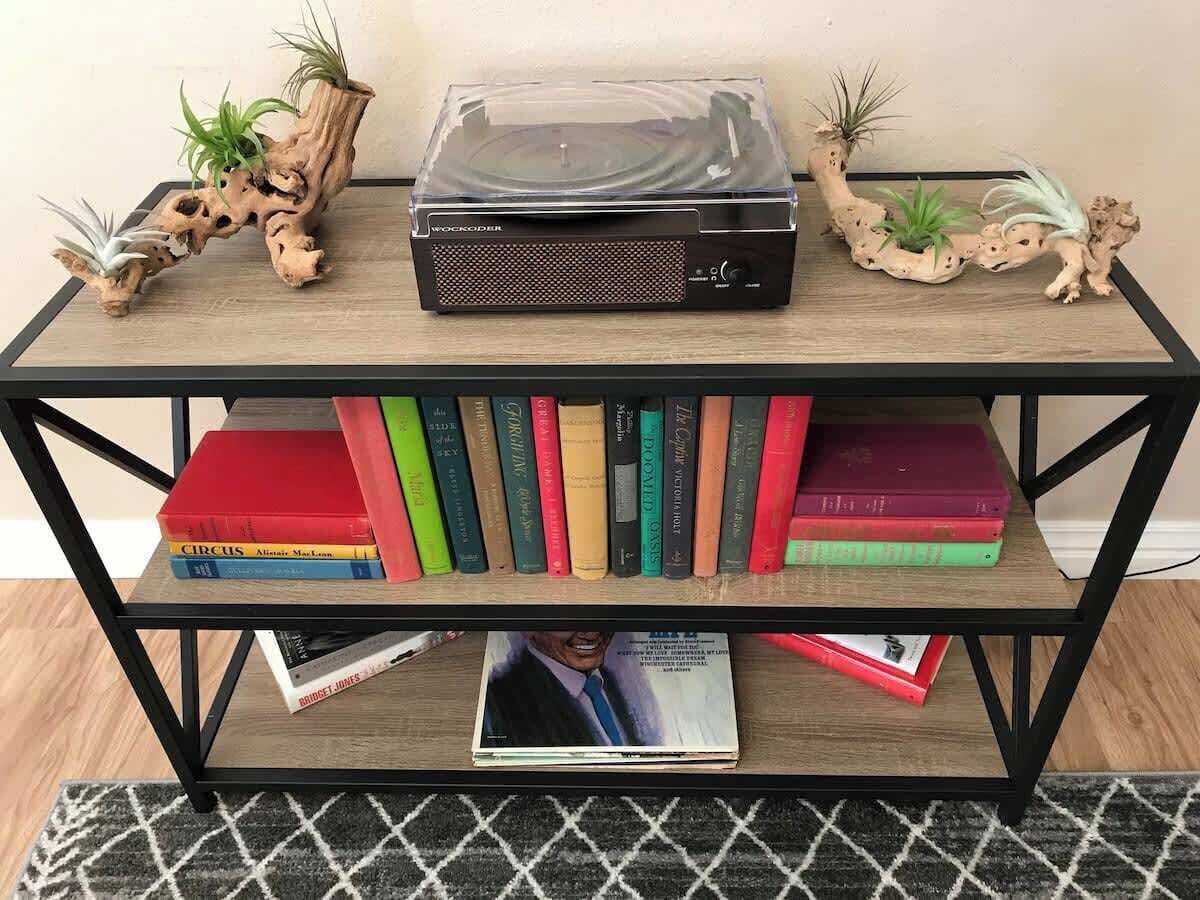 A bookshelf with a record player on top, surrounded by books and small plants.